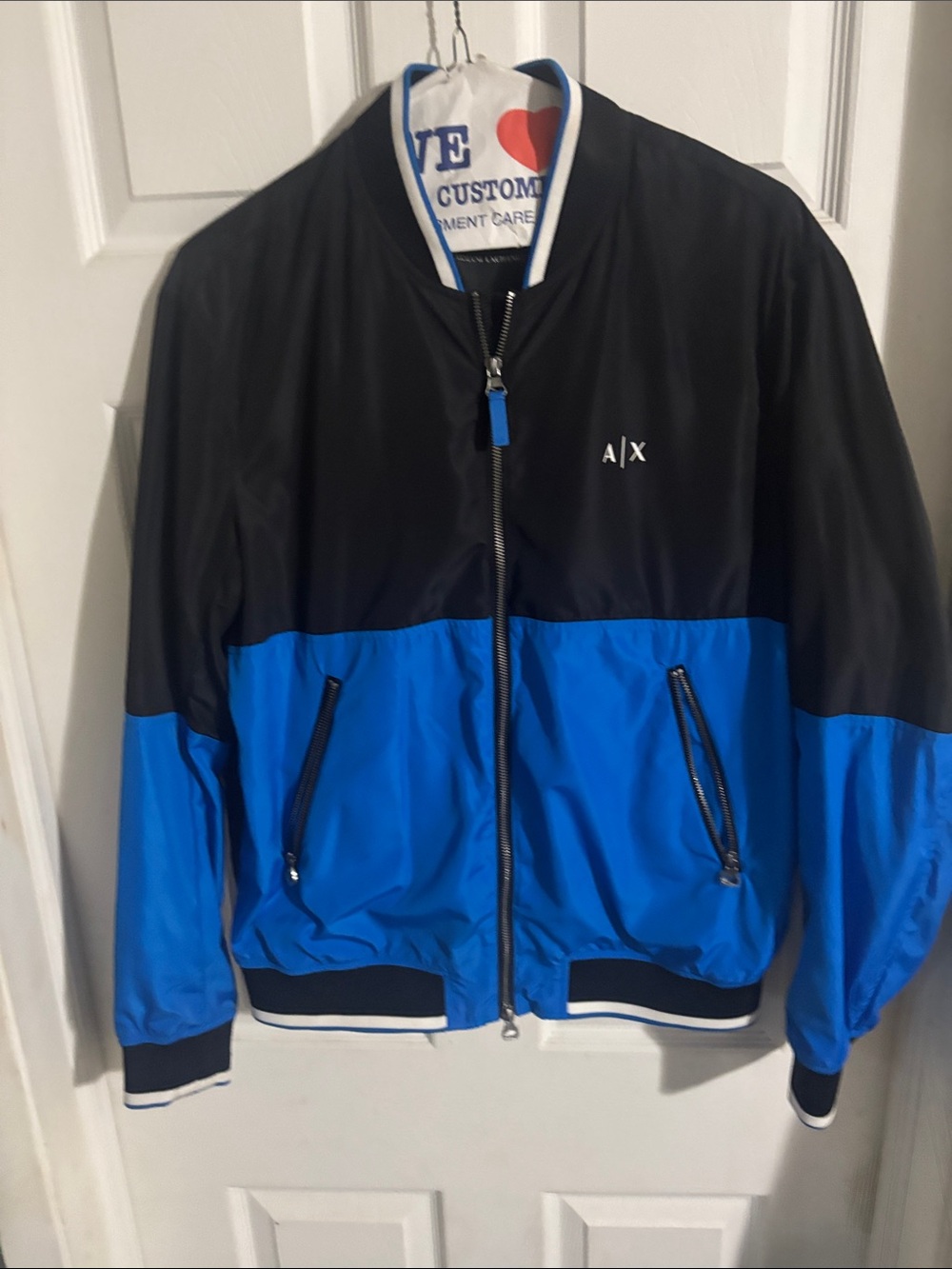 A|X Armani Exchange Black and Blue Colorblock Bomber Jacket